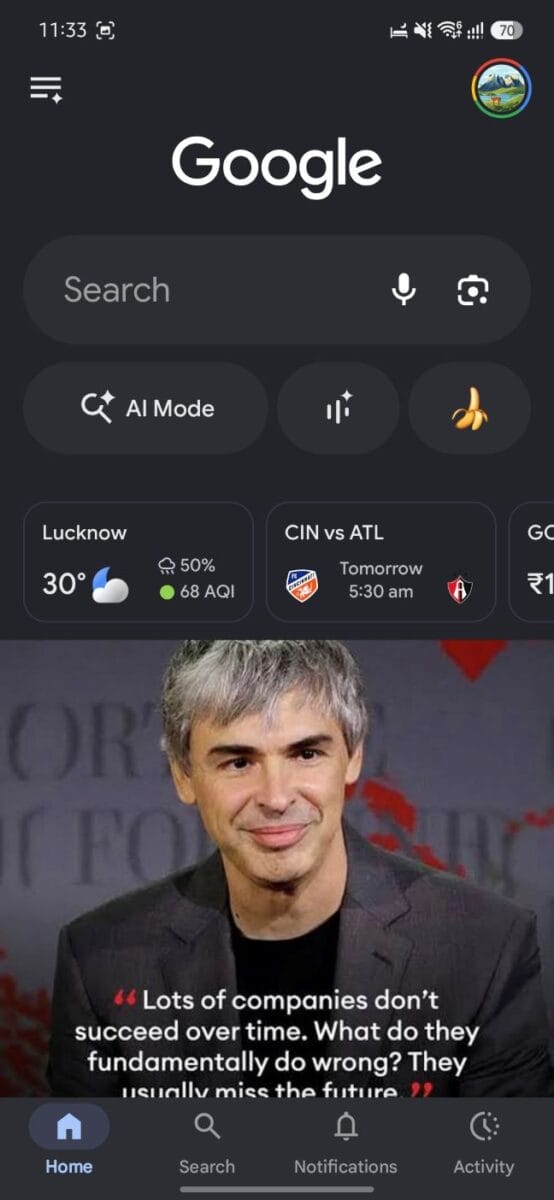 The Google App on Android: What It Actually Does (and Why It's Not the Same as Chrome) 3 Screenshot: Google app home screen showing the search bar, AI Mode button, Lucknow weather card, a sports fixture card, and the Discover feed starting below