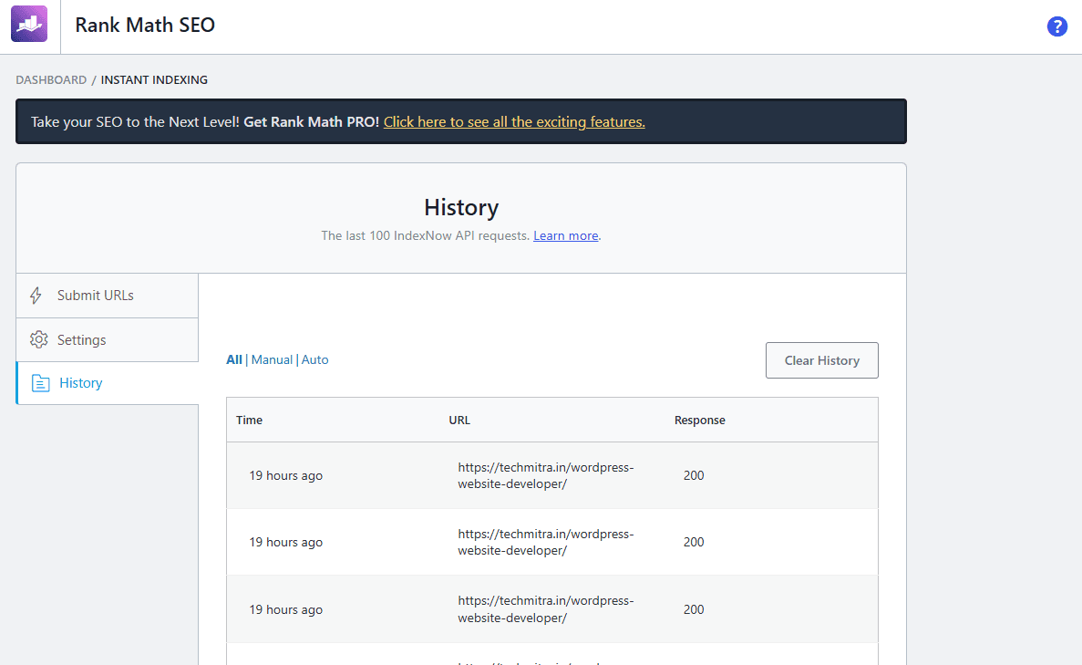 Mastering On-Page SEO with Rank Math SEO Plugin, Step-by-Step Guide (Updated) 6 Screenshot of Rankmath Instant Indexing Sumarry
