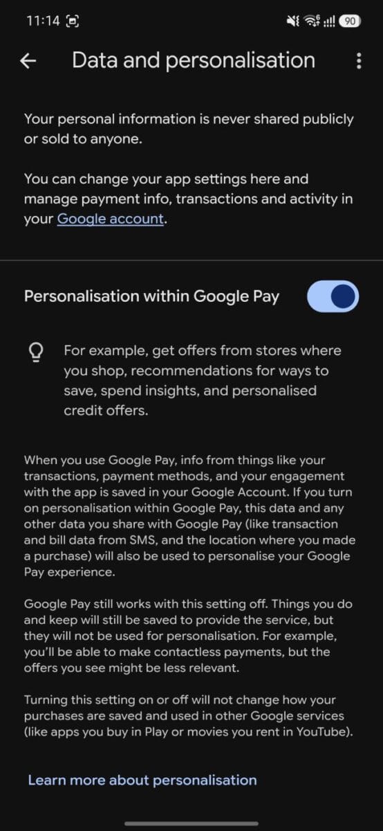 Ask Google Pay: Google Pay's New AI Assistant Explained (How to Enable It, What It Can and Can't Do) 3 Step - 4 Screenshot to Enable "Personalization Within Google Pay'