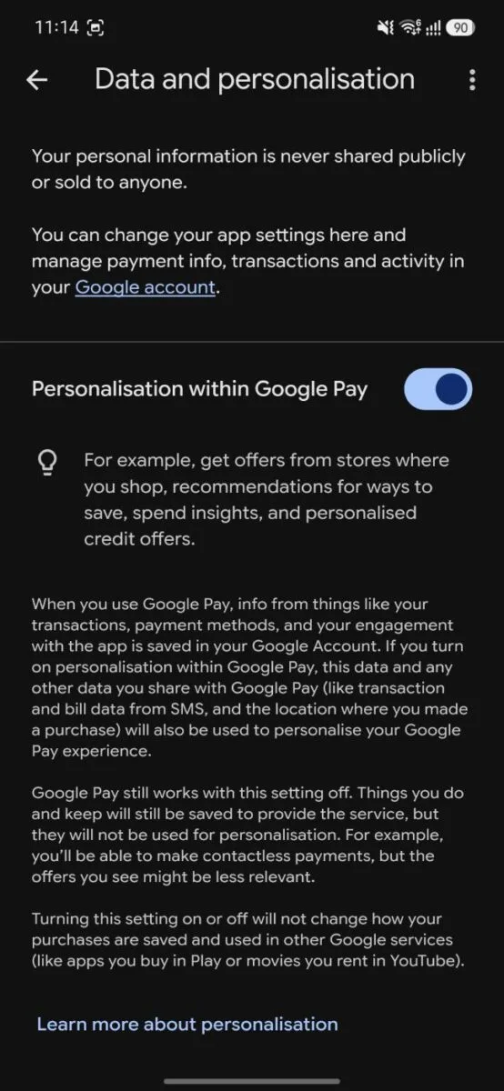 Step - 4 Screenshot to Enable "Personalization Within Google Pay' 