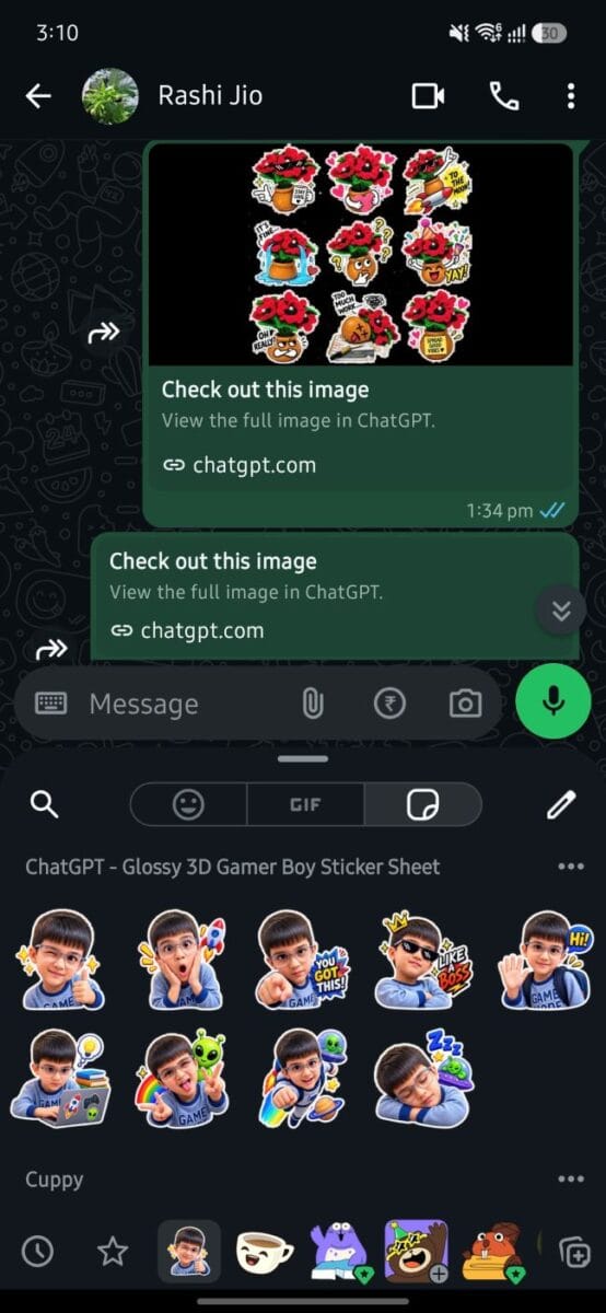 ChatGPT Sticker Generator : How to Create Custom WhatsApp and iMessage Stickers (Tested) 9 Screenshot stickers shown in whatsapp grid