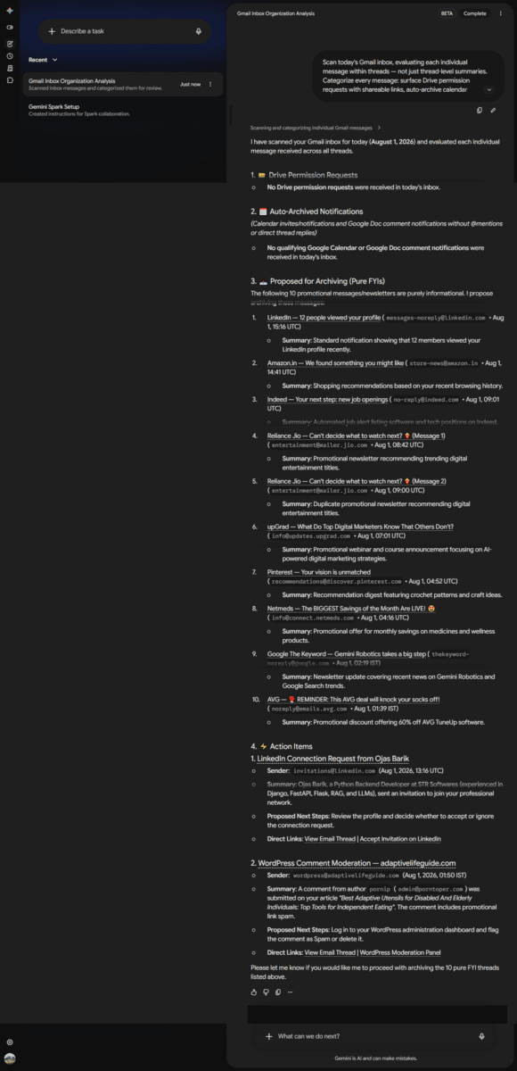 I Tested Google Gemini Spark AI Agent the Day It Launched in India — Here's What Actually Happened 4 Screenshot Gemini Spark response