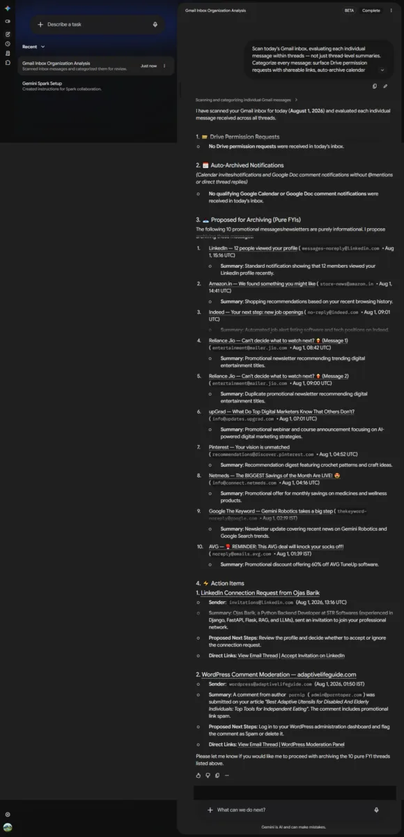 Screenshot Gemini Spark response