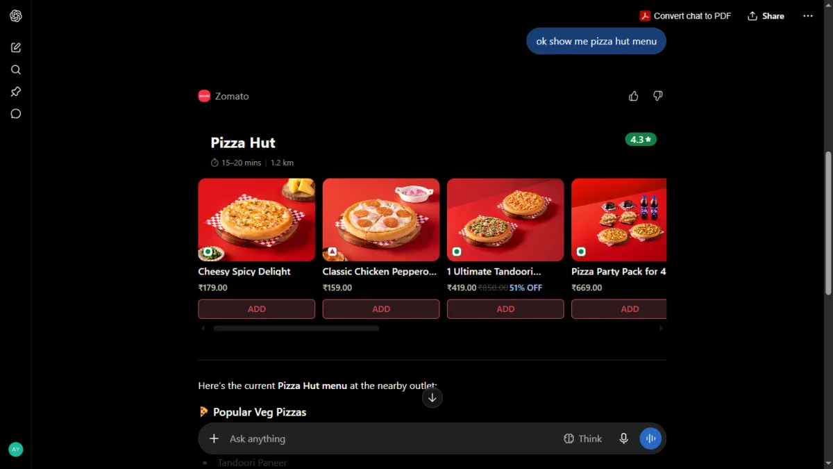 I Tested ChatGPT Plugins with Zomato and Spotify — Here's What They Can Actually Do 6 Zomato prompt 2
