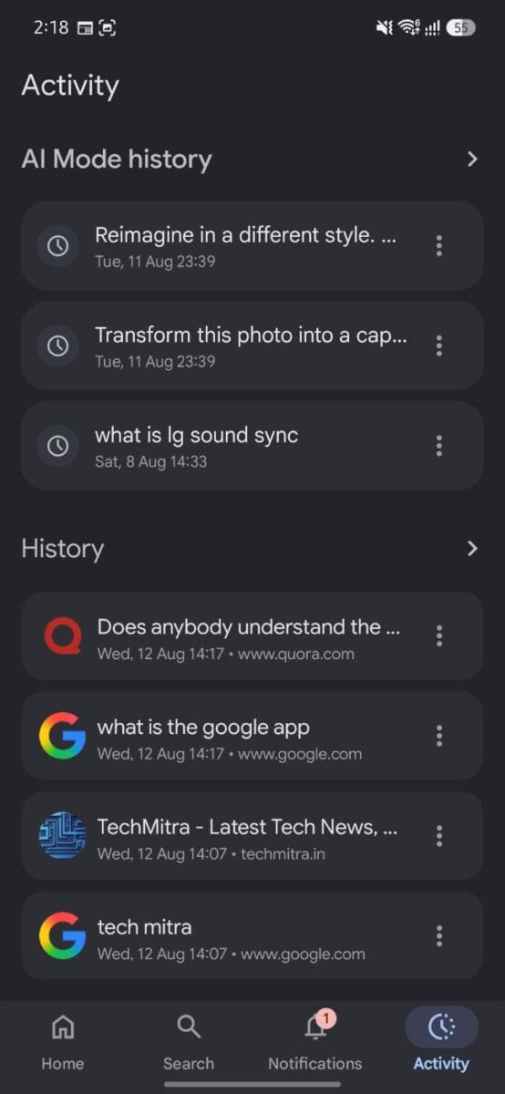 The Google App on Android: What It Actually Does (and Why It's Not the Same as Chrome) 7 Screenshot: phone's Activity tab showing the Quora search and "what is the google app" query, both marked "Wed, 12 Aug 14:17
