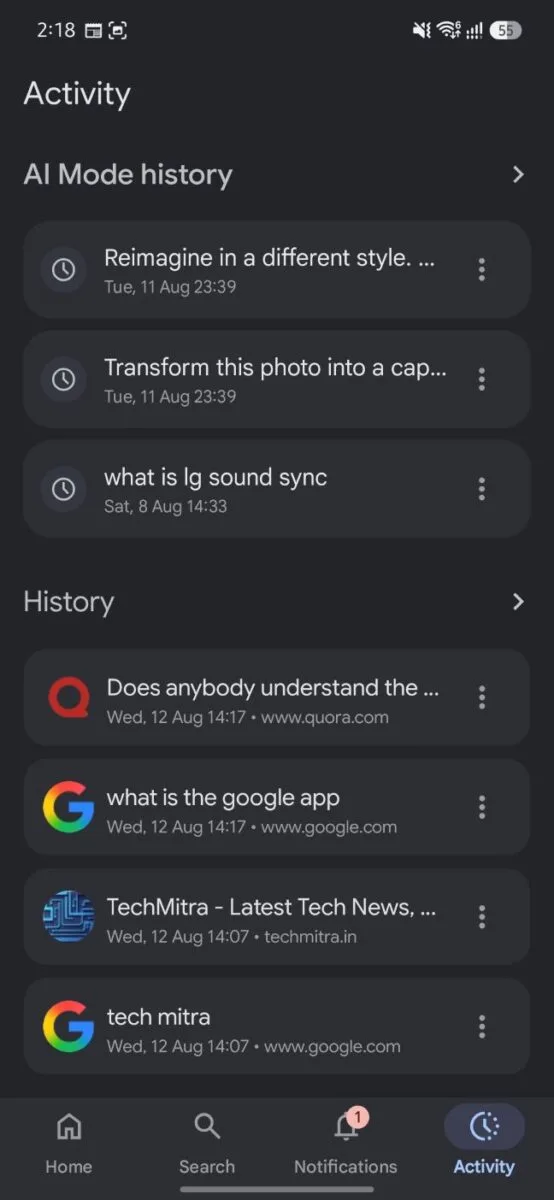 The Google App on Android: What It Actually Does (and Why It's Not the Same as Chrome) 8 Screenshot: phone's Activity tab showing the Quora search and "what is the google app" query, both marked "Wed, 12 Aug 14:17