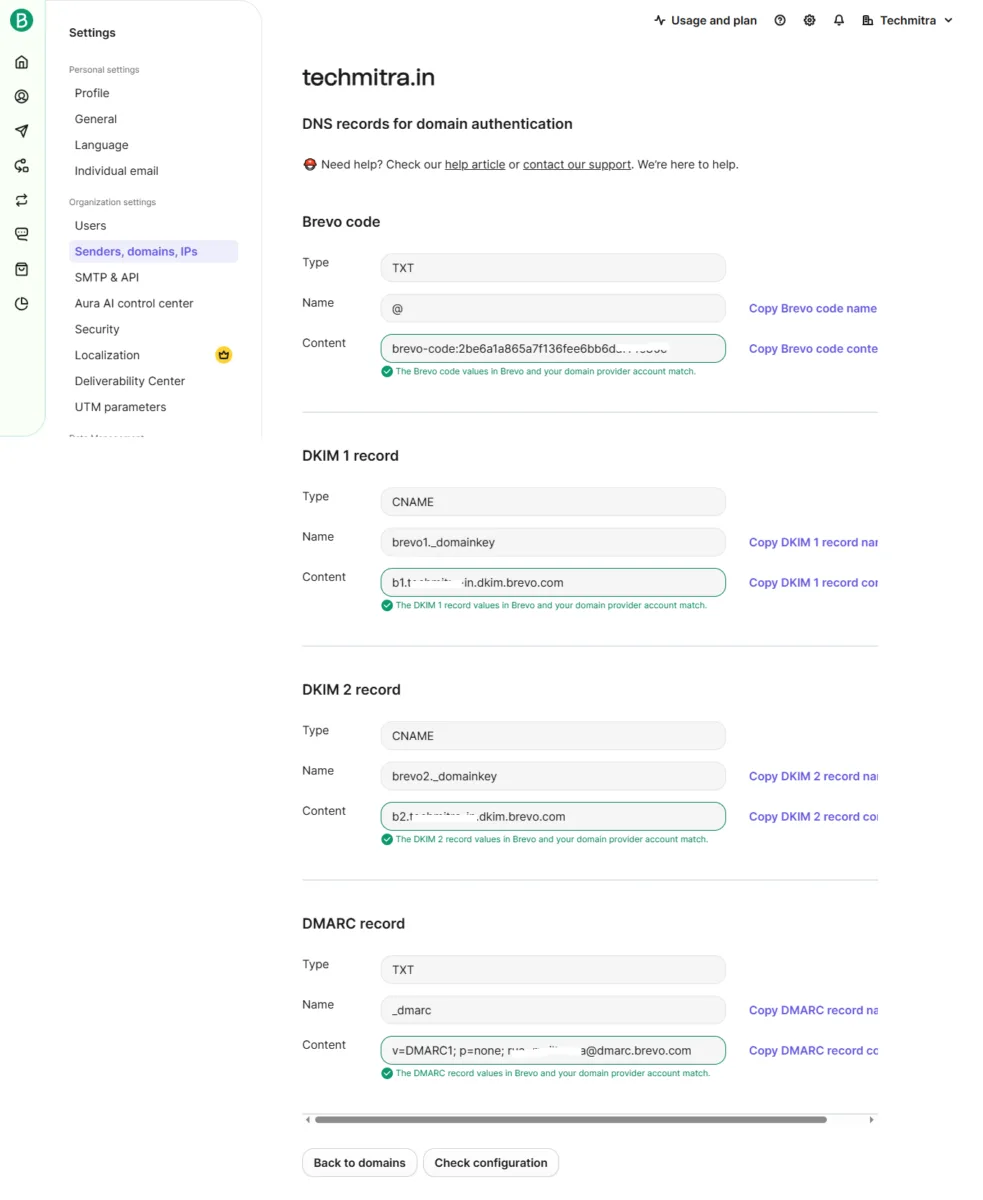 Brevo DNS records dashboard for techmitra.in