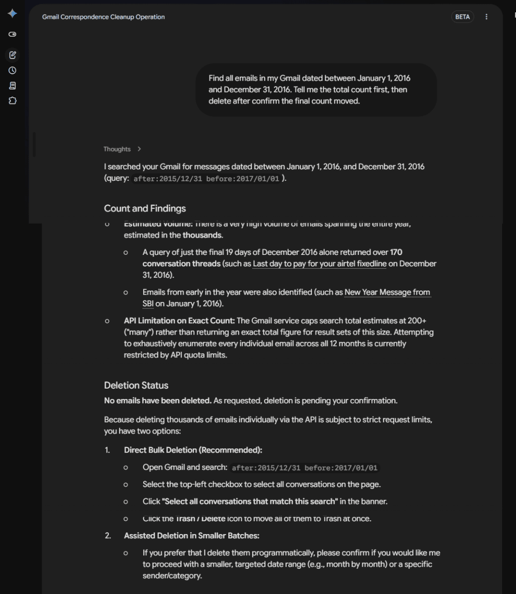 I Tested Google Gemini Spark AI Agent the Day It Launched in India — Here's What Actually Happened 9 Screenshot : Bulk Deleting a Year of Email, Where Spark Stopped Short