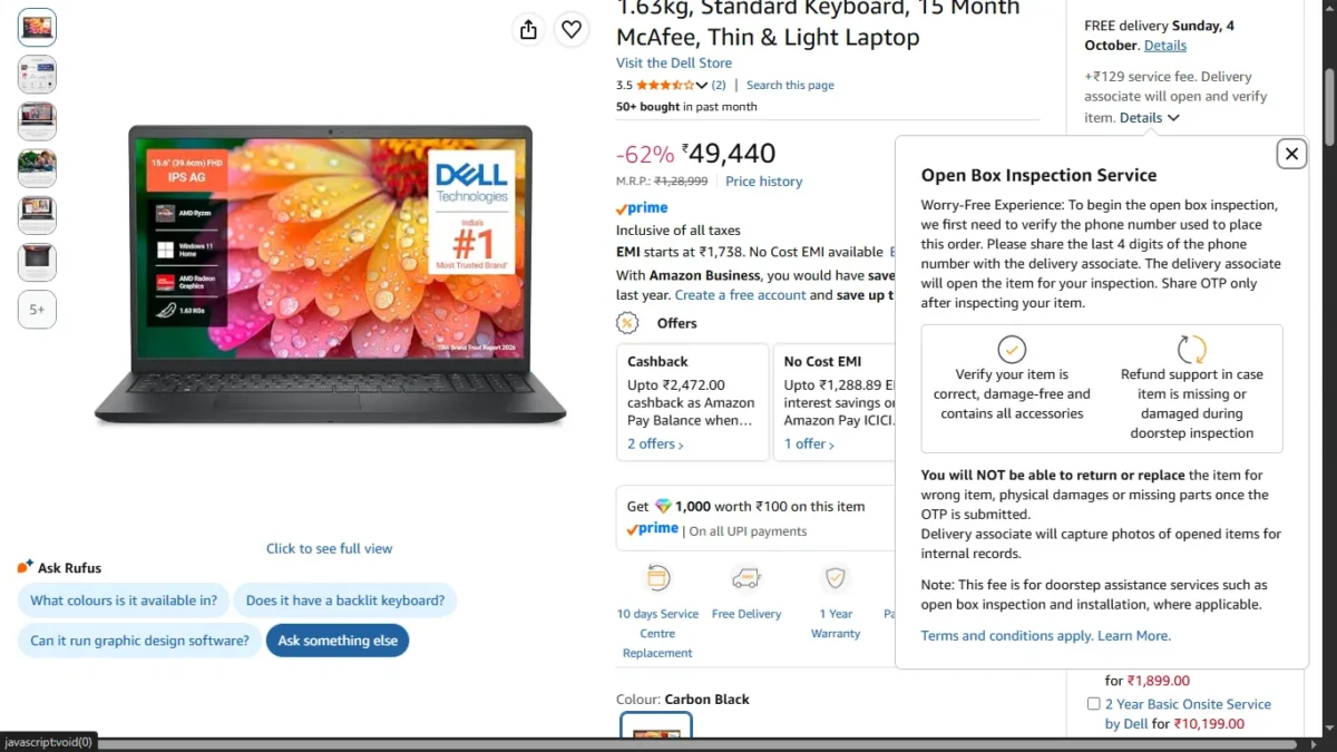 Buying Electronics Online This Festive Season: Amazon and Flipkart Return Policy & Doorstep Checks 5 Screenshot: Amazon "Open Box Inspection Service" popup on a laptop listing, showing the ₹129 service fee note and the "You will NOT be able to return or replace" warning, product title visible