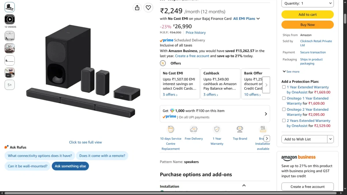 Buying Electronics Online This Festive Season: Amazon and Flipkart Return Policy & Doorstep Checks 2 Screenshot: Amazon product page with the "10 days Service Centre Replacement" badge visible in the icon row, product title visible