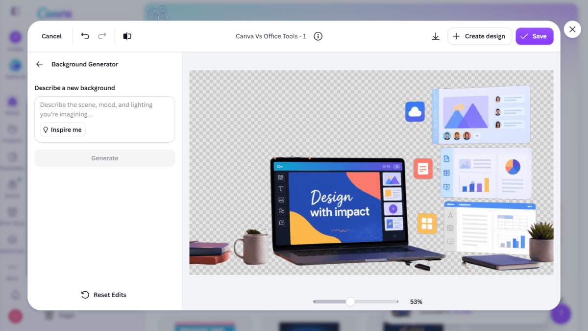I Tested Canva's AI Photo Editing Tools — Magic Studio for Photos, Reviewed (2026) 19 SCREENSHOT:the Background Generator panel with the empty prompt box and "Inspire me" button, on the transparent cutout image