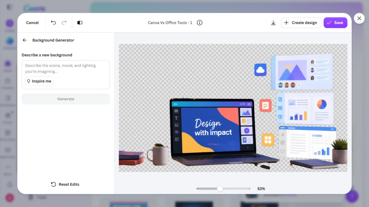I Tested Canva's AI Photo Editing Tools — Magic Studio for Photos, Reviewed (2026) 20 SCREENSHOT:the Background Generator panel with the empty prompt box and "Inspire me" button, on the transparent cutout image