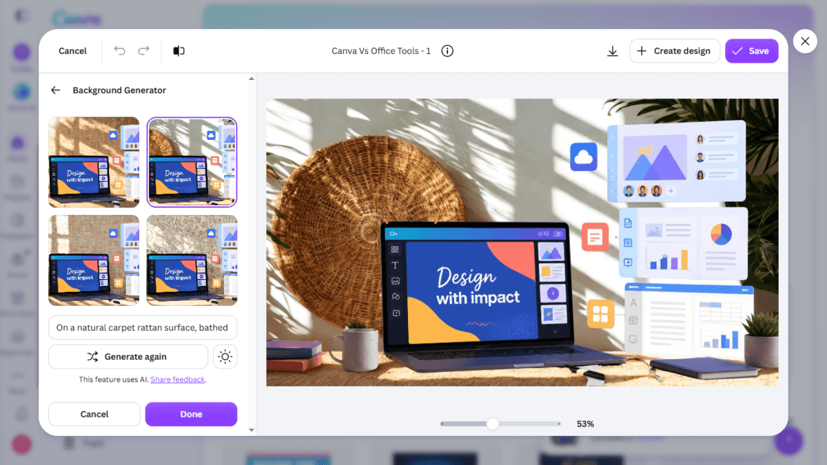 I Tested Canva's AI Photo Editing Tools — Magic Studio for Photos, Reviewed (2026) 20 SCREENSHOT:the four generated rattan-surface variations plus the selected final result