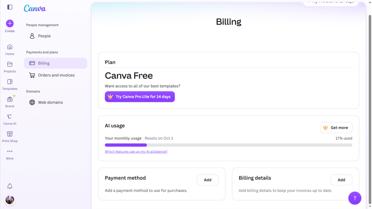 Canva AI usage in free account