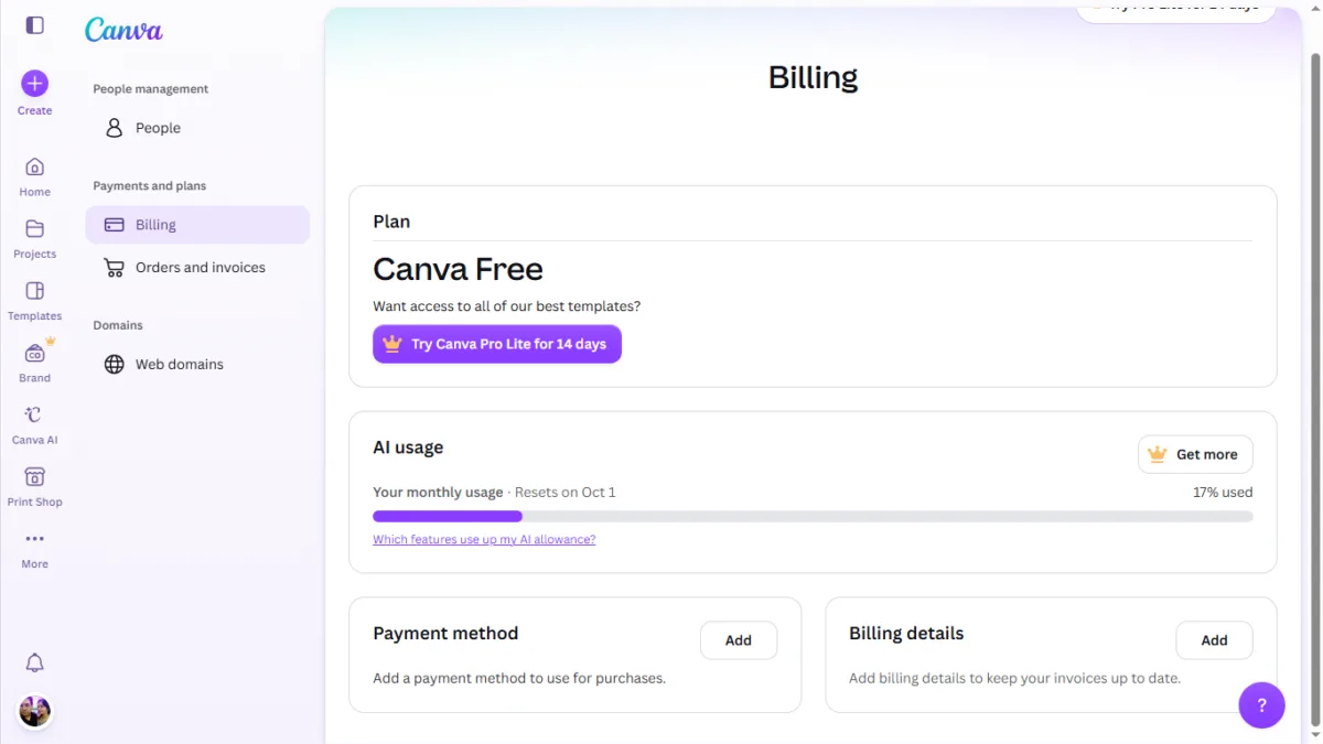 Canva AI usage in free account