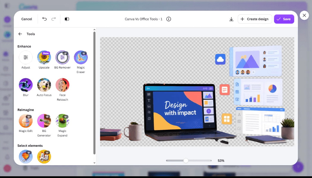 I Tested Canva's AI Photo Editing Tools — Magic Studio for Photos, Reviewed (2026) 18 SCREENSHOT:the full Tools sidebar plus the result: background fully removed, transparent checkerboard canvas visible behind the isolated desk scene