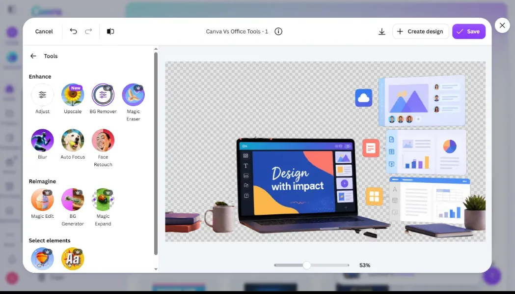 I Tested Canva's AI Photo Editing Tools — Magic Studio for Photos, Reviewed (2026) 19 SCREENSHOT:the full Tools sidebar plus the result: background fully removed, transparent checkerboard canvas visible behind the isolated desk scene