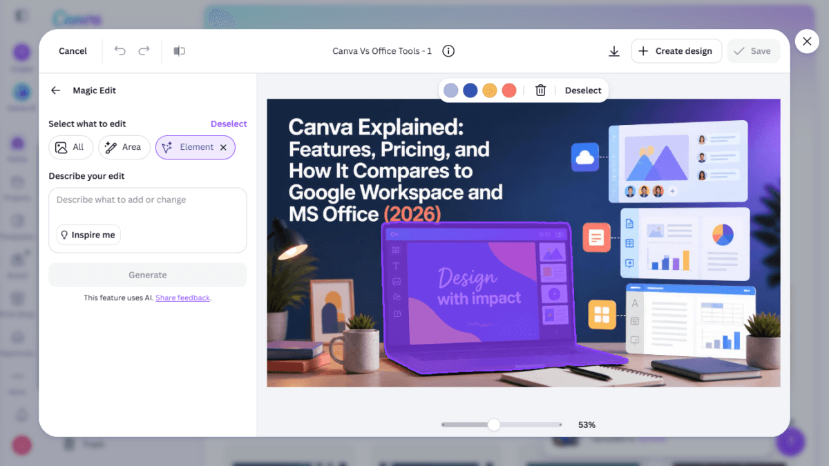 I Tested Canva's AI Photo Editing Tools — Magic Studio for Photos, Reviewed (2026) 8 SCREENSHOT:the laptop auto-detected and highlighted in purple after Element mode scan