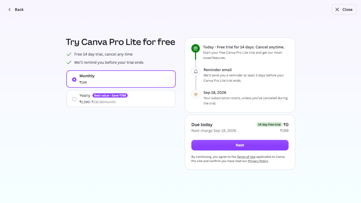 Screenshot Canva Pro Lite Pricing (Verified)