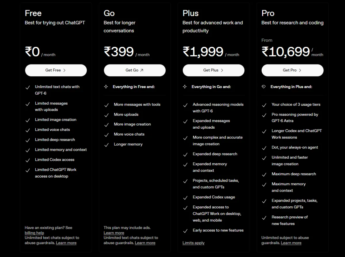 Screenshot: Chatgpt updated Pricing plans