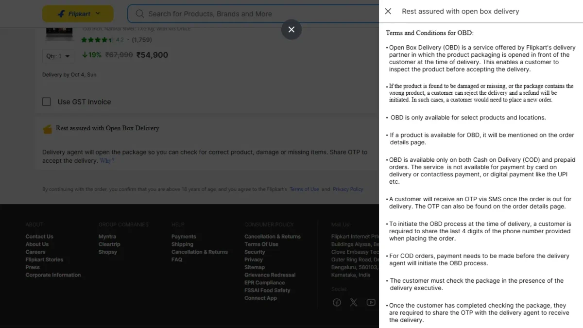 Buying Electronics Online This Festive Season: Amazon and Flipkart Return Policy & Doorstep Checks 4 Screenshot : Flipkart "Rest assured with open box delivery" terms and conditions panel, product title visible