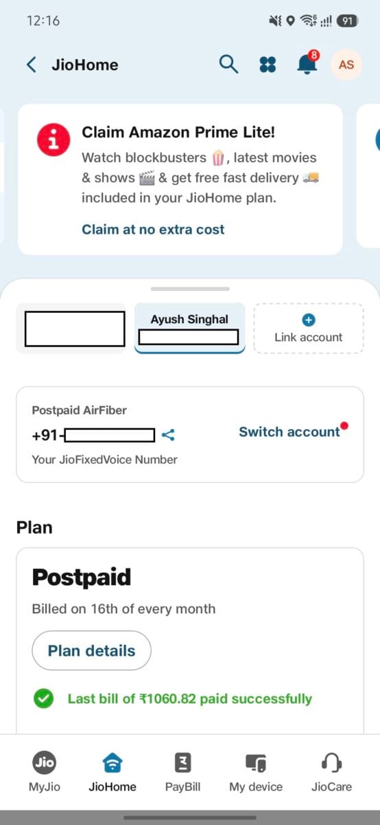 JioHome Free Amazon Prime Lite: Eligible Plans, Activation Steps and TV Setup (Tested on ₹899 AirFiber) 4 myjio-jiohome-claim-amazon-prime-lite-banner