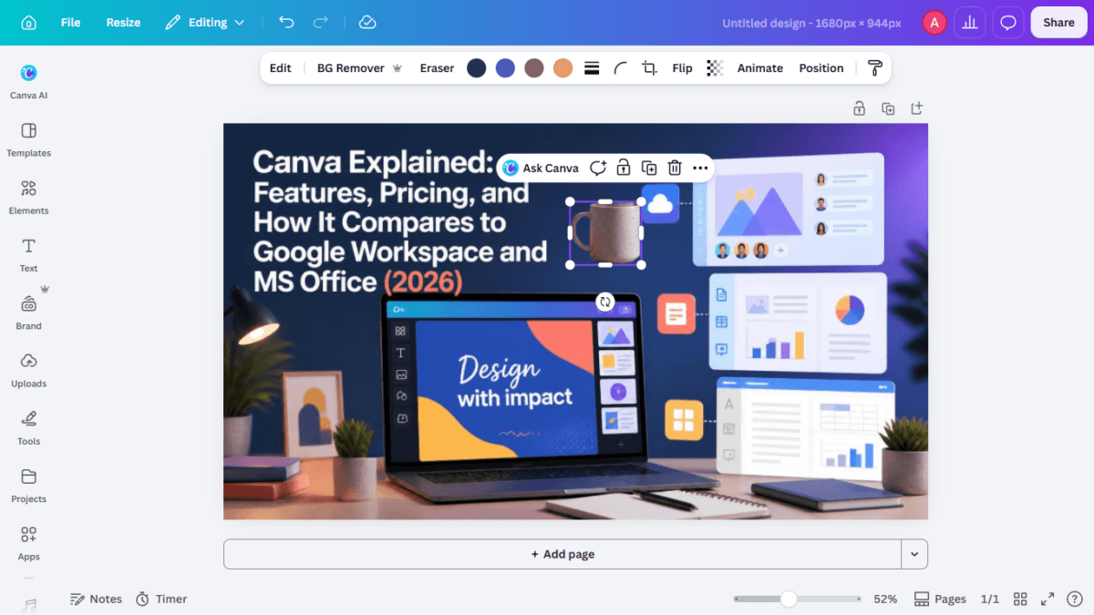 I Tested Canva's AI Photo Editing Tools — Magic Studio for Photos, Reviewed (2026) 17 SCREENSHOT:the mug isolated as its own object with its full independent editing toolbar visible above it
