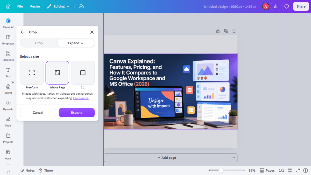 I Tested Canva's AI Photo Editing Tools — Magic Studio for Photos, Reviewed (2026) 13 SCREENSHOT:the Crop/Expand panel with Freeform, Whole Page, and 1:1 options, Whole Page selected, showing the original unexpanded photo