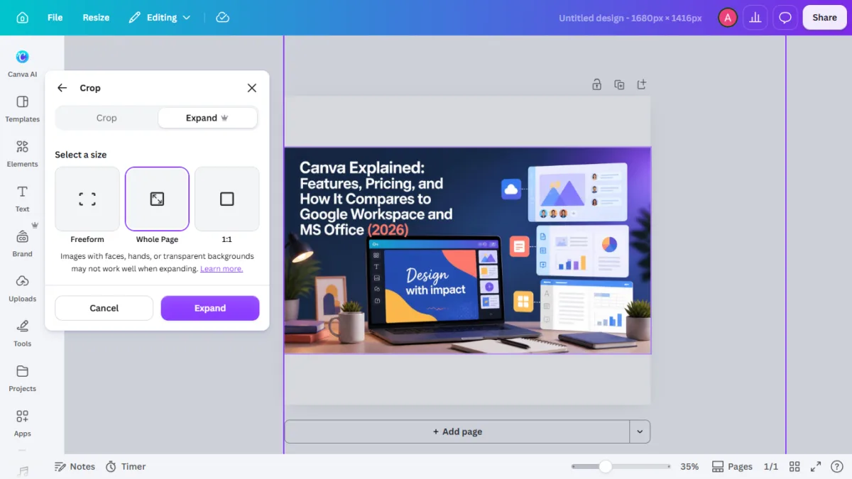 I Tested Canva's AI Photo Editing Tools — Magic Studio for Photos, Reviewed (2026) 14 SCREENSHOT:the Crop/Expand panel with Freeform, Whole Page, and 1:1 options, Whole Page selected, showing the original unexpanded photo