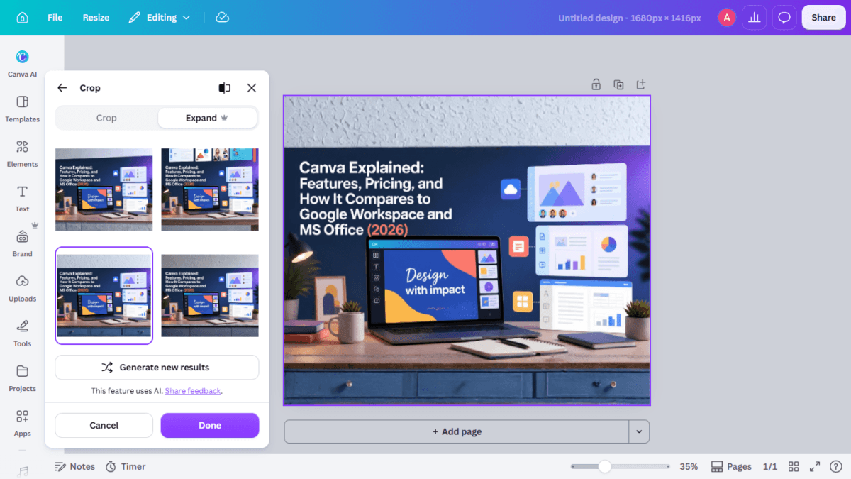 I Tested Canva's AI Photo Editing Tools — Magic Studio for Photos, Reviewed (2026) 14 SCREENSHOT:the four generated variations plus the selected final result showing the expanded desk-drawer surface