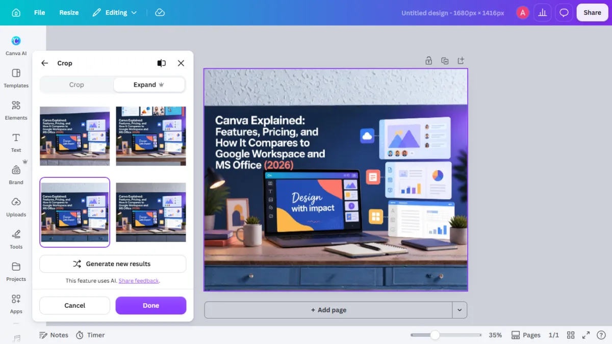 I Tested Canva's AI Photo Editing Tools — Magic Studio for Photos, Reviewed (2026) 15 SCREENSHOT:the four generated variations plus the selected final result showing the expanded desk-drawer surface