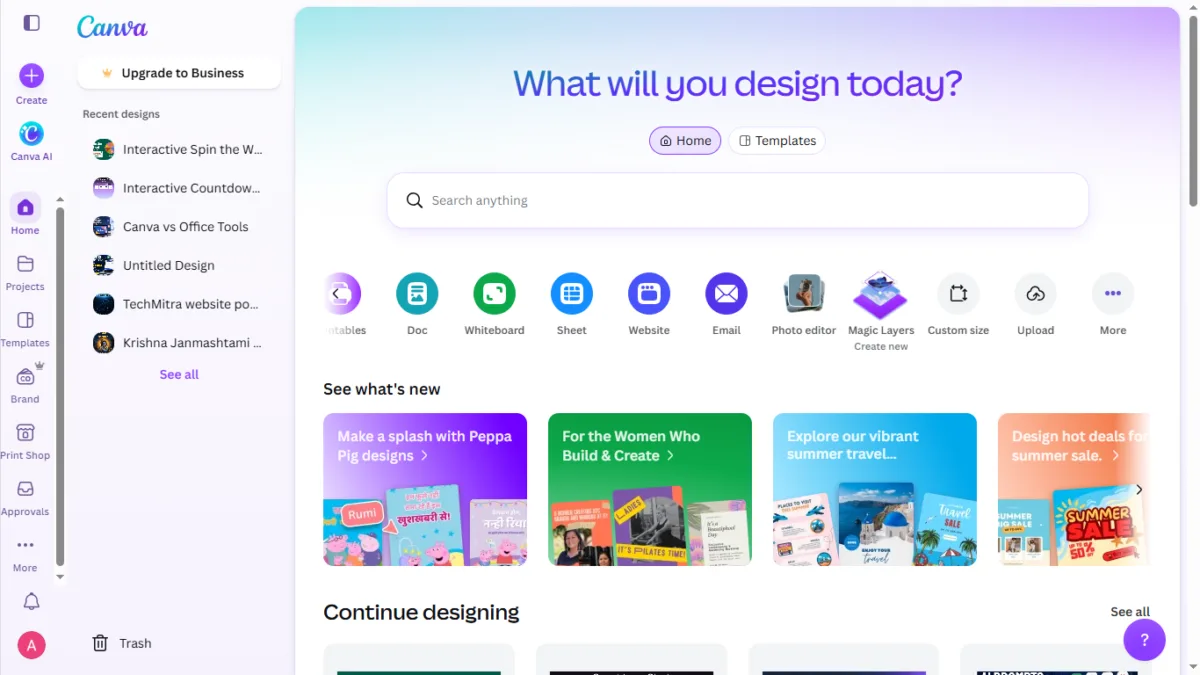 I Tested Canva's AI Photo Editing Tools — Magic Studio for Photos, Reviewed (2026) 4 SCREENSHOT:Canva dashboard showing the Magic Layers tool entry point
