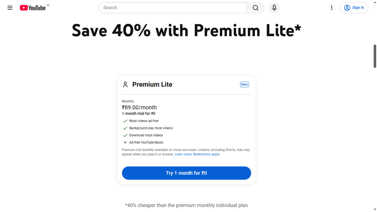 YouTube Premium Lite vs Premium in India (2026): Which Plan Should You Choose? 4 Screenshot of Youtube premium lite features