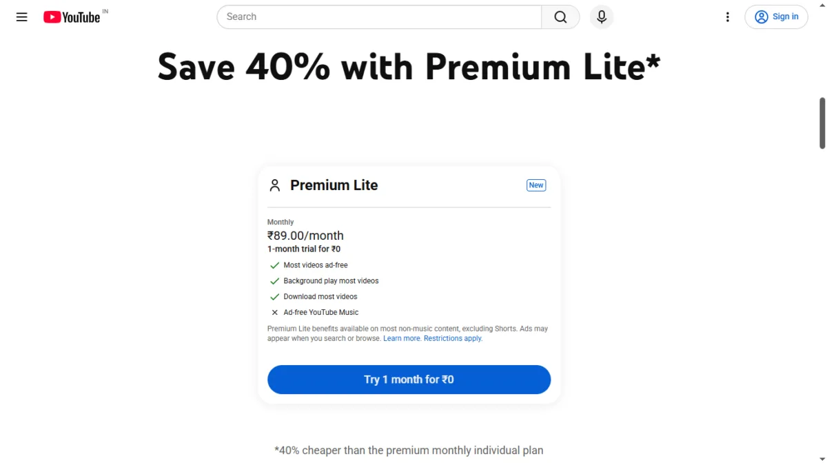 Screenshot of Youtube premium lite features