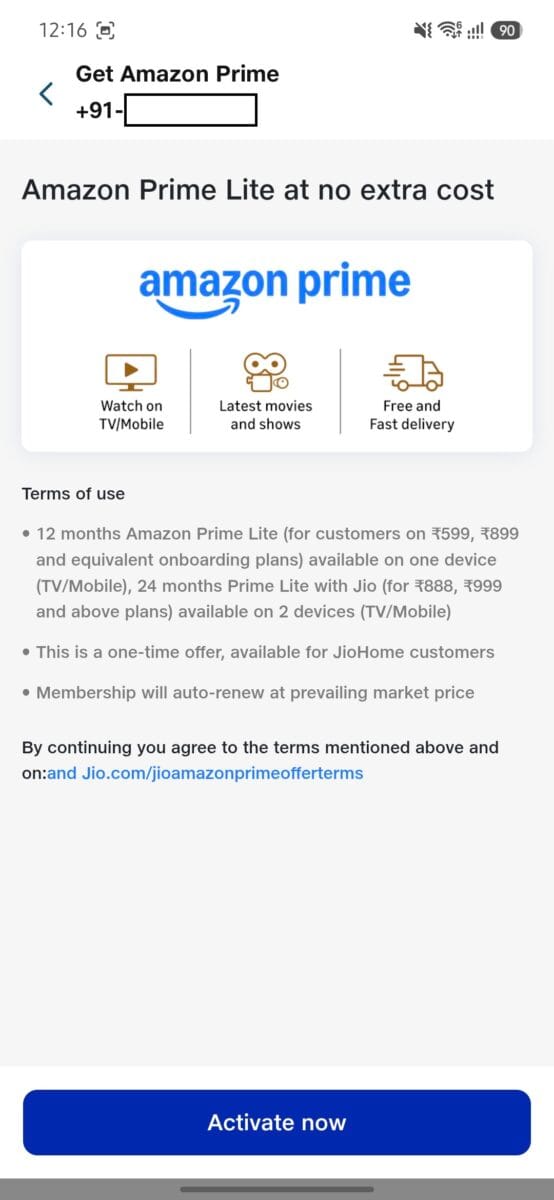 JioHome Free Amazon Prime Lite: Eligible Plans, Activation Steps and TV Setup (Tested on ₹899 AirFiber) 5 Scrrenshot : The offer page and its terms, with the Activate now button.