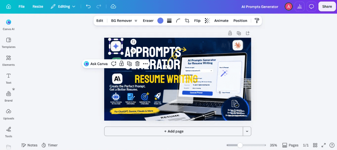 I Tested Canva's AI Photo Editing Tools — Magic Studio for Photos, Reviewed (2026) 6 SCREENSHOT : one icon dragged and repositioned, overlapping the text behind it, proving the layers move independently