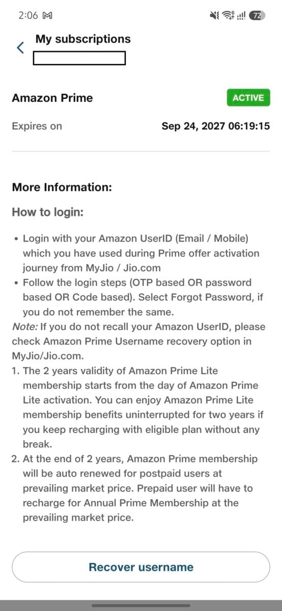 JioHome Free Amazon Prime Lite: Eligible Plans, Activation Steps and TV Setup (Tested on ₹899 AirFiber) 10 Screenshot-Check-the-end-date-and-renewal-options-under-My-subscriptions
