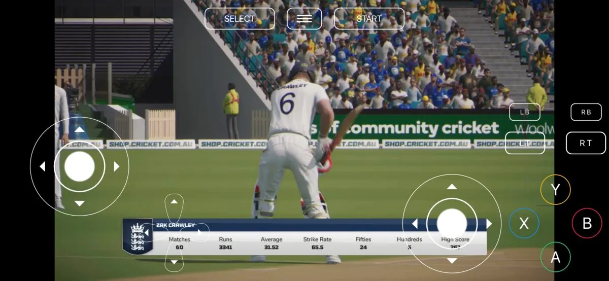 Cricket 26's on-screen control overlay — analog stick, face buttons, and shoulder buttons all mapped clearly.