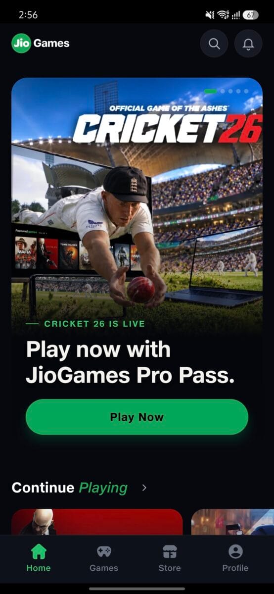 Jio Cloud Gaming Review: I Tested It on Mobile, TV and a 4GB RAM PC — Here's the Honest Truth 3 Screenshot : The JioGames mobile app home screen