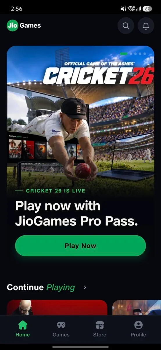Screenshot : The JioGames mobile app home screen