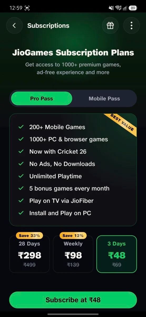 Screenshot : Pro Pass pricing as shown in the mobile app 