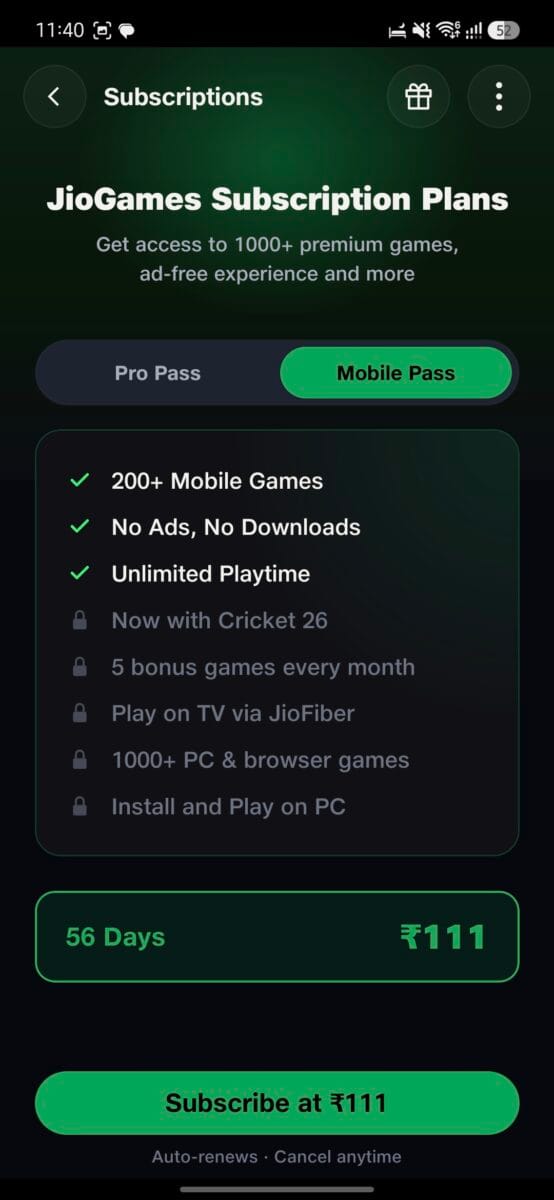 Jio Cloud Gaming Review: I Tested It on Mobile, TV and a 4GB RAM PC — Here's the Honest Truth 5 Screenshot : Mobile Pass is
