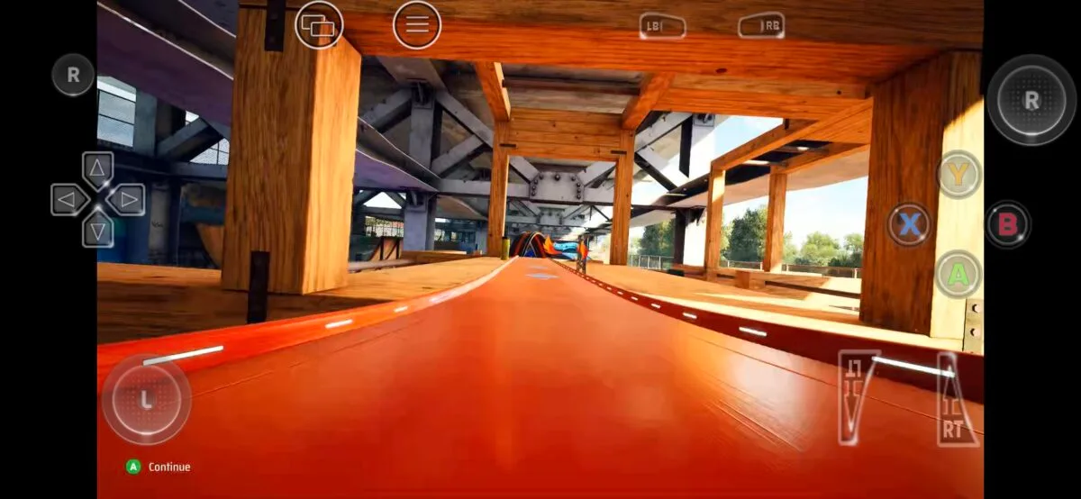 A racing title's control overlay — similar layout, adapted to the game's specific inputs.