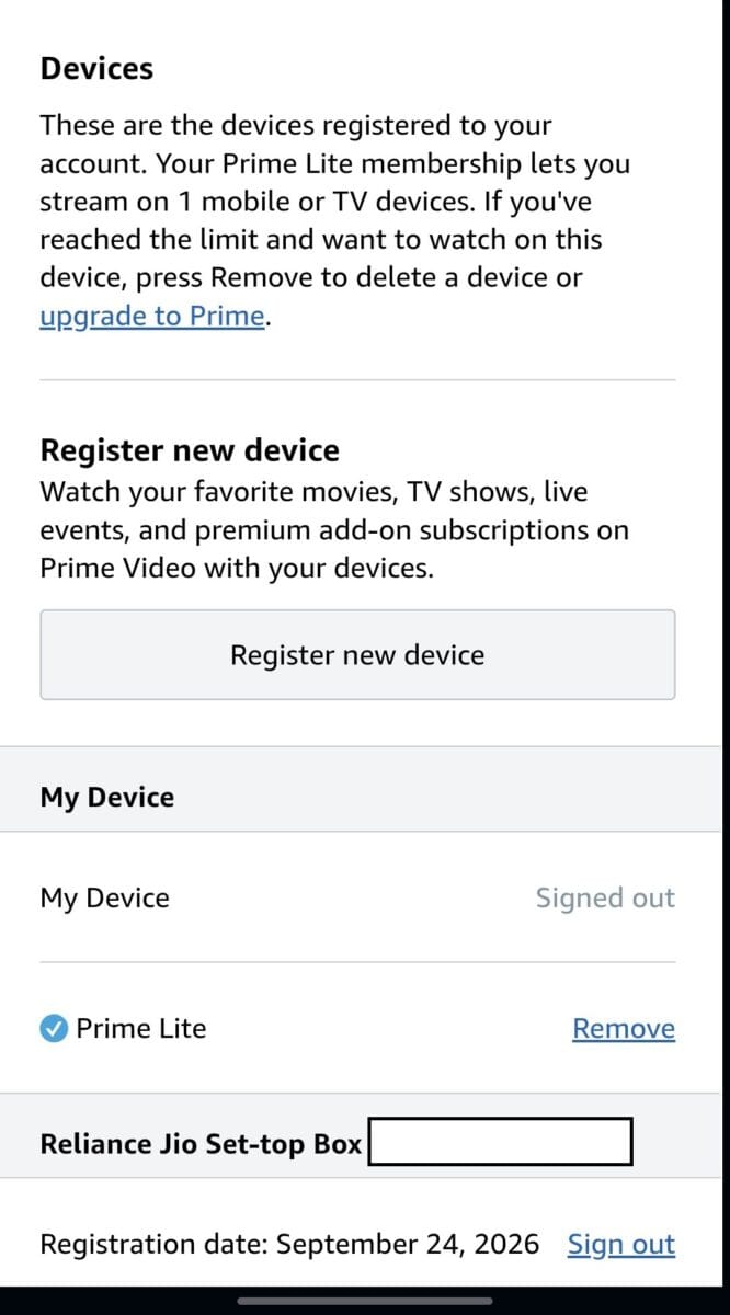JioHome Free Amazon Prime Lite: Eligible Plans, Activation Steps and TV Setup (Tested on ₹899 AirFiber) 3 Screenshot - Amazon's Devices page for a Prime Lite account.