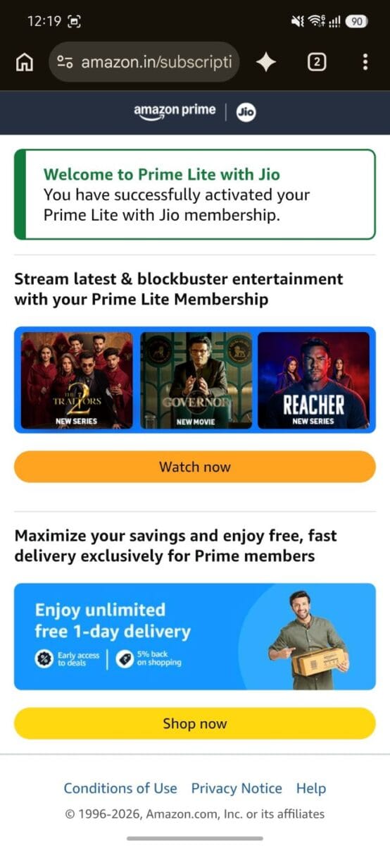 JioHome Free Amazon Prime Lite: Eligible Plans, Activation Steps and TV Setup (Tested on ₹899 AirFiber) 6 amazon-welcome-to-prime-lite-with-jio