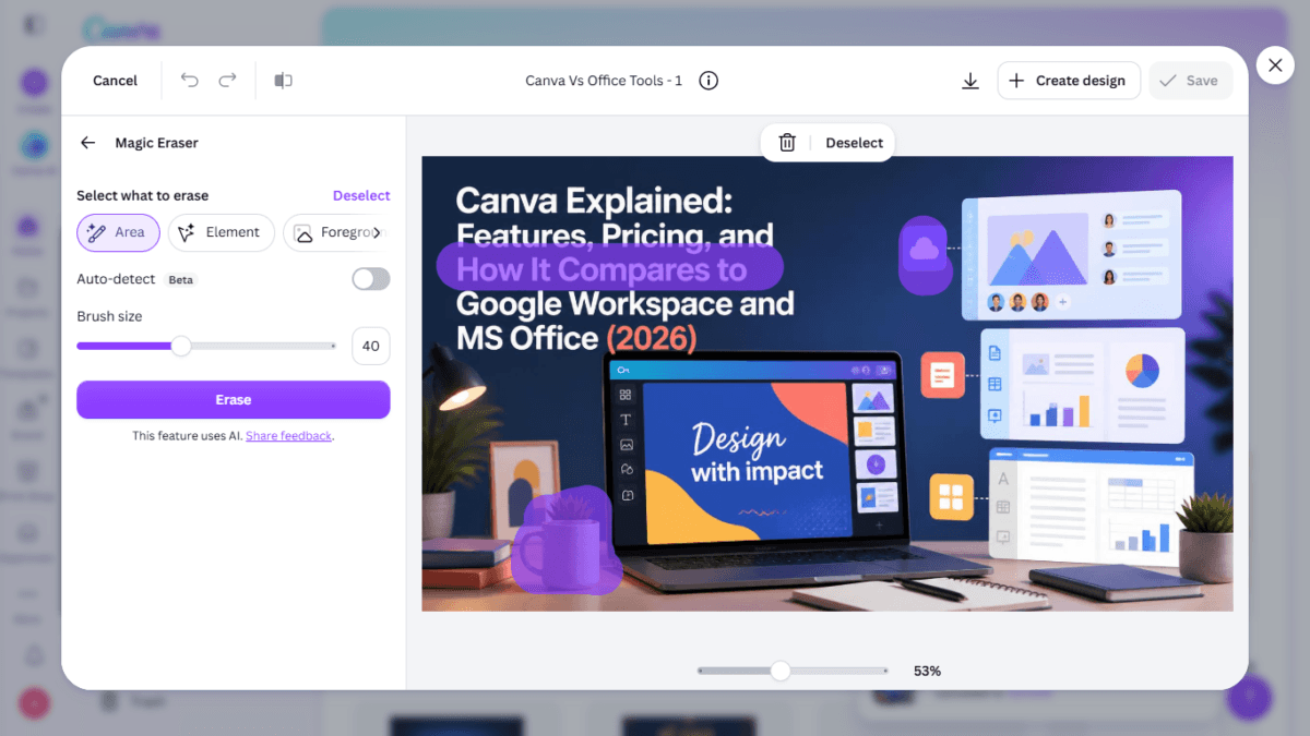 I Tested Canva's AI Photo Editing Tools — Magic Studio for Photos, Reviewed (2026) 10 SCREENSHOT: the brushed-over area highlighted in purple, showing the headline text, cloud icon, and mug selected for removal
