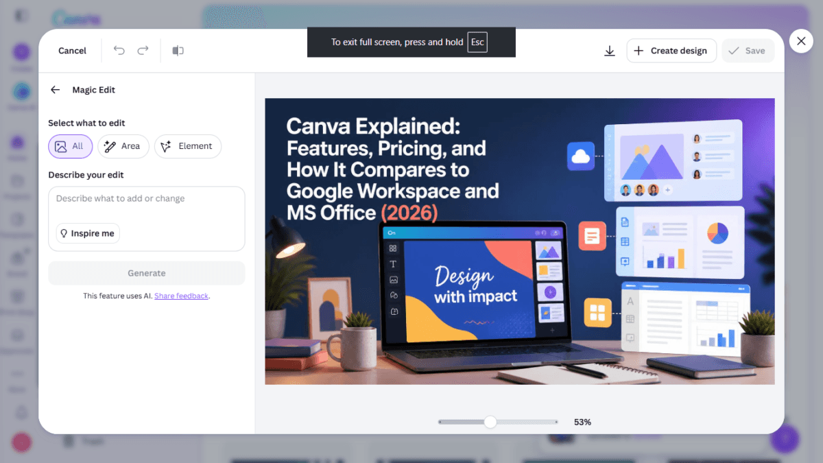 I Tested Canva's AI Photo Editing Tools — Magic Studio for Photos, Reviewed (2026) 7 SCREENSHOT: the Magic Edit panel with All/Area/Element options and the prompt box, before scanning