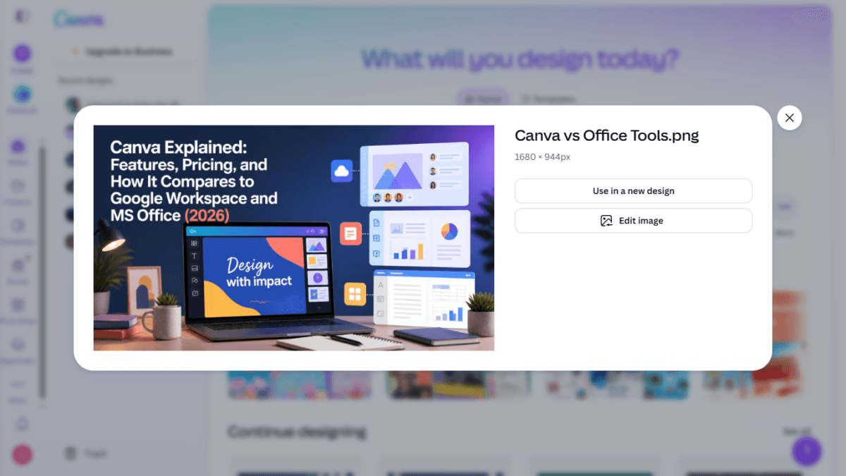 I Tested Canva's AI Photo Editing Tools — Magic Studio for Photos, Reviewed (2026) 2 the "Edit image" popup showing "Use in a new design"