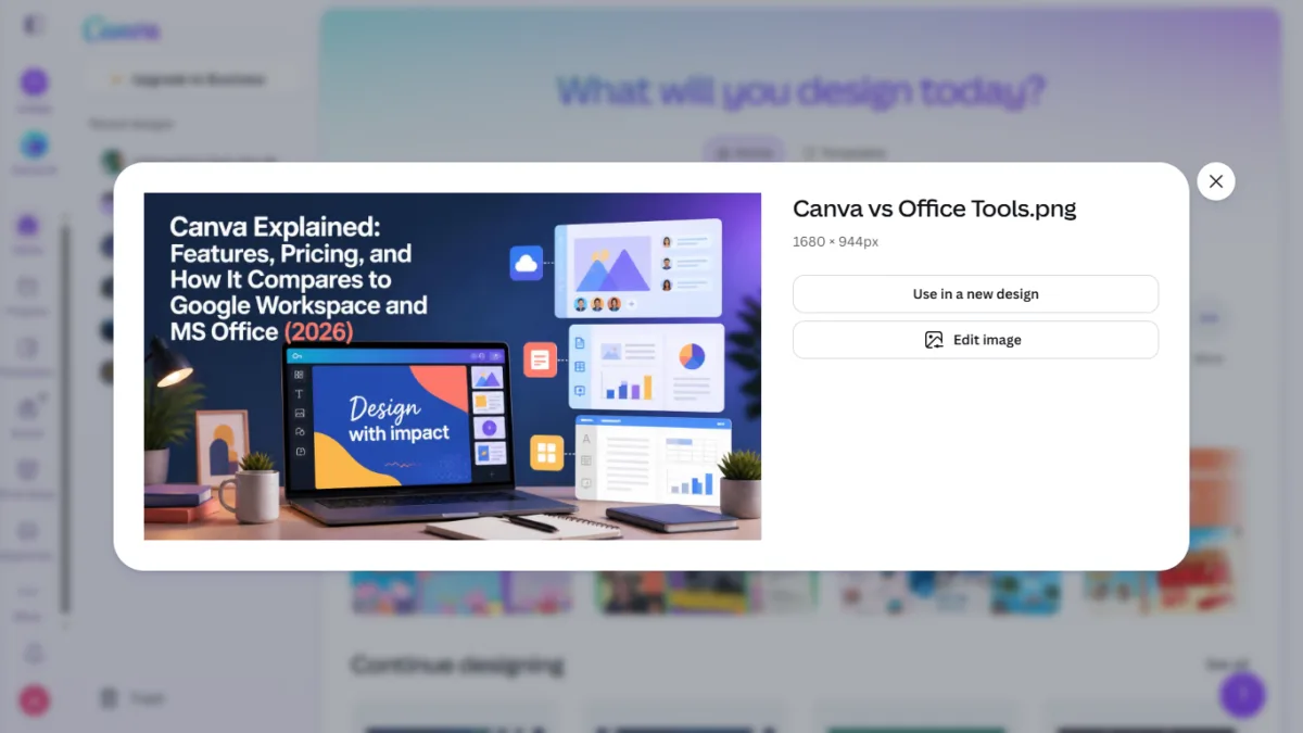 I Tested Canva's AI Photo Editing Tools — Magic Studio for Photos, Reviewed (2026) 3 the "Edit image" popup showing "Use in a new design"