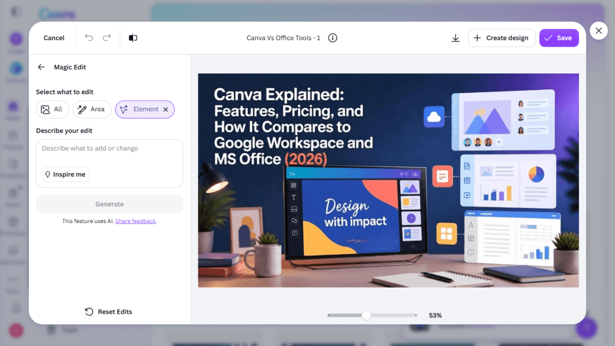 I Tested Canva's AI Photo Editing Tools — Magic Studio for Photos, Reviewed (2026) 9 SCREENSHOT: the final result, laptop replaced with an LED TV, rest of scene untouched